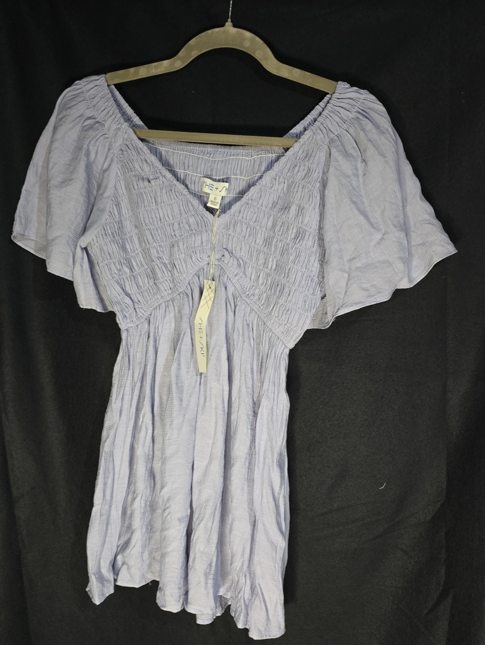 She + Sky Light Lavender Smocked V-Neck Flutter Sleeve Tunic